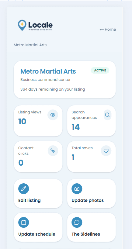 Locale business app showing the program dashboard and analytics